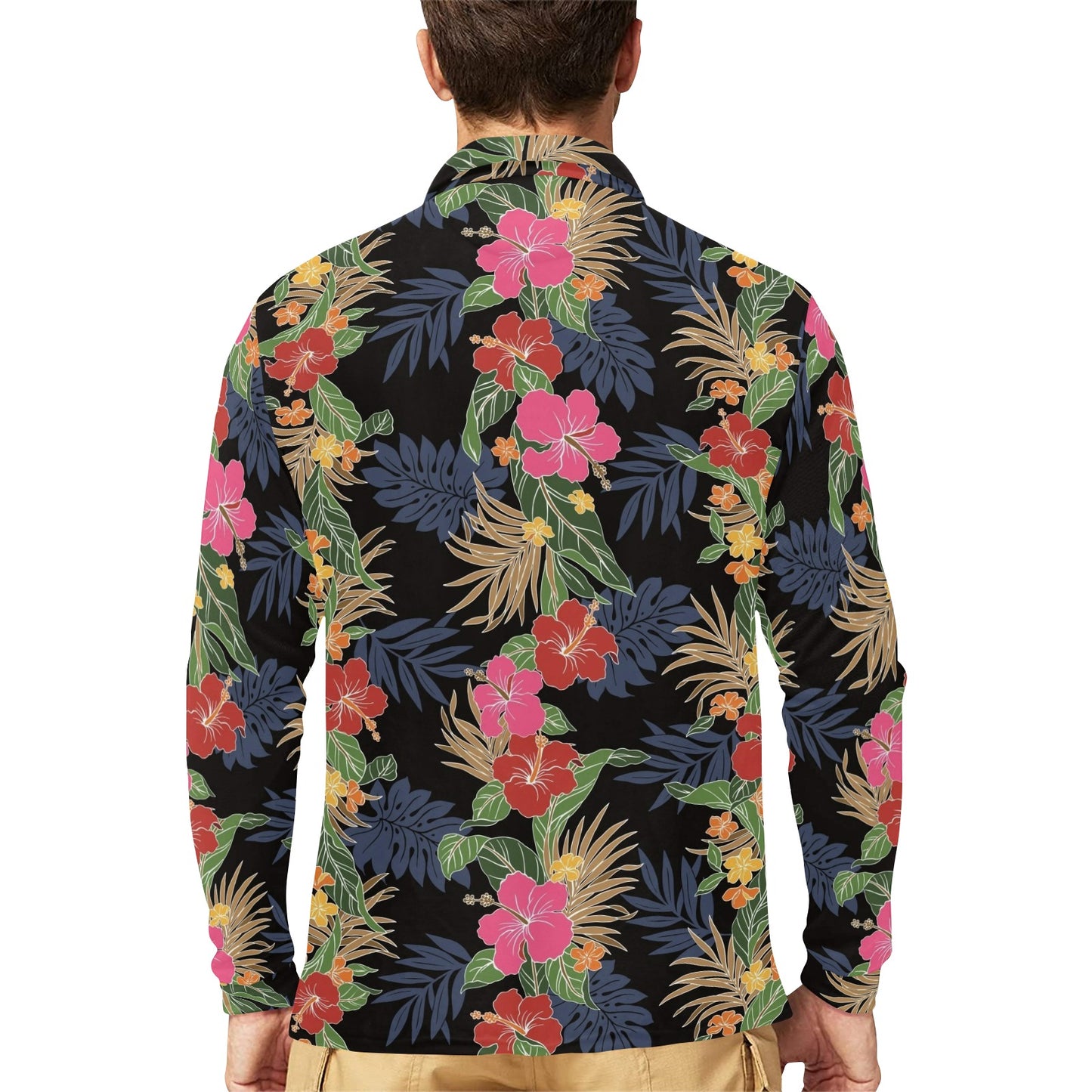 Hawaiian Themed Pattern Print Design H011 Long Sleeve Polo Shirt For Men's