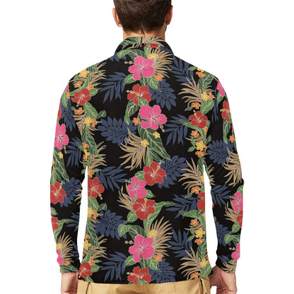 Hawaiian Themed Pattern Print Design H011 Long Sleeve Polo Shirt For Men's