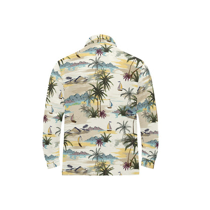 Palm Tree Beach Print Long Sleeve Polo Shirt For Men's