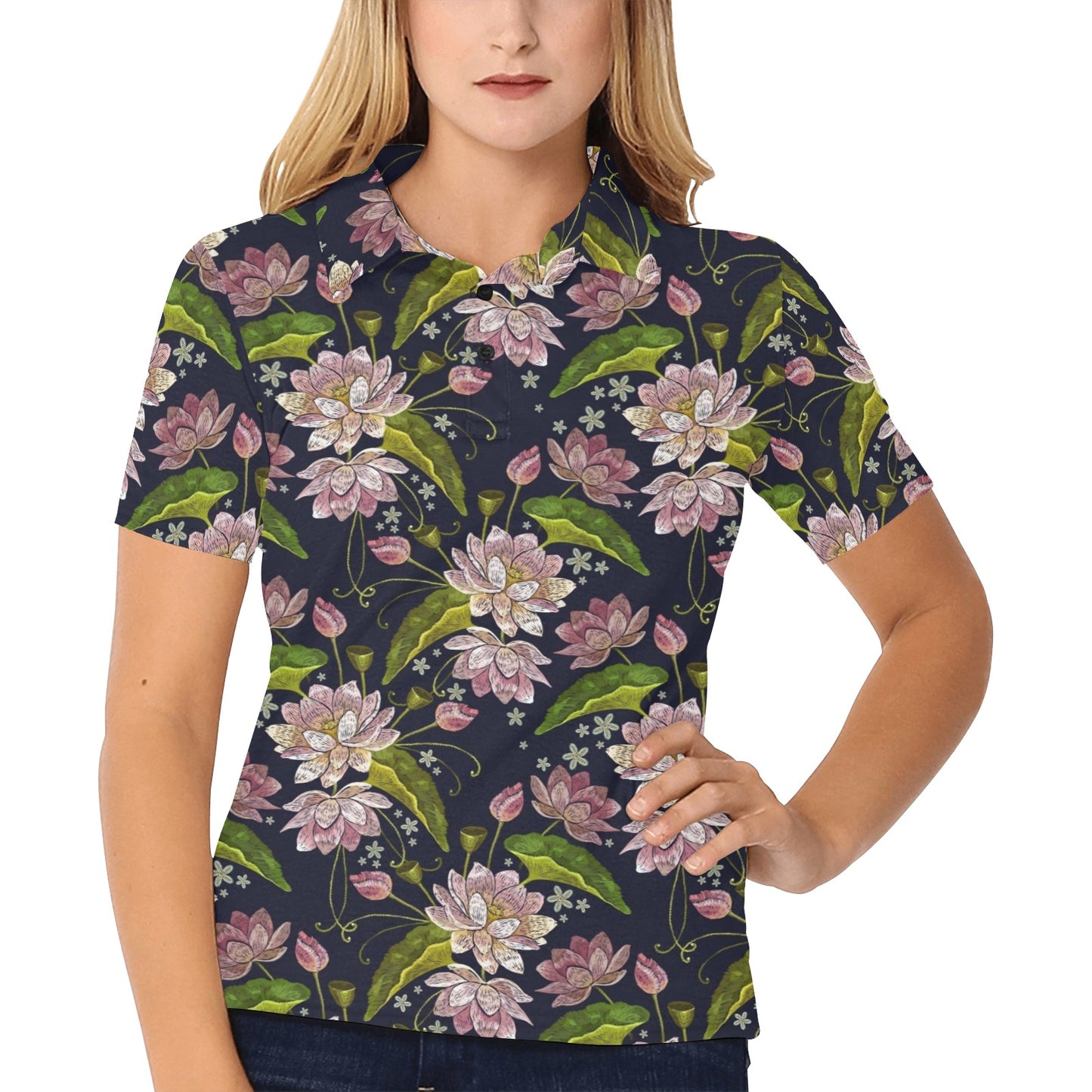 lotus Embroidered Pattern Print Design LO06 Women's Polo Shirt