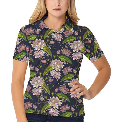 lotus Embroidered Pattern Print Design LO06 Women's Polo Shirt