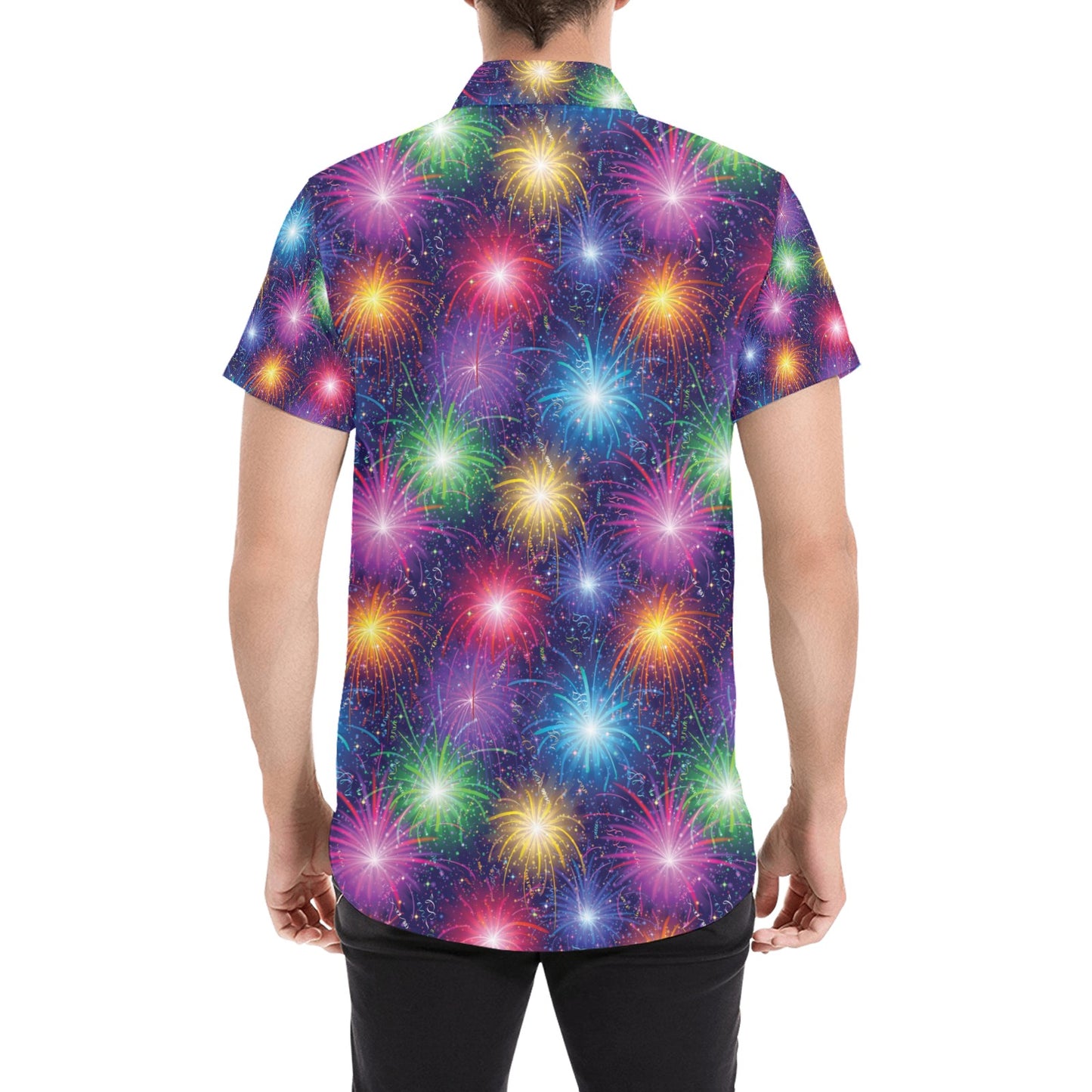 Firework Colorful Print Design LKS301 Men Short Sleeve Button Up Shirt