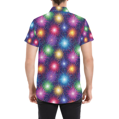 Firework Colorful Print Design LKS301 Men Short Sleeve Button Up Shirt