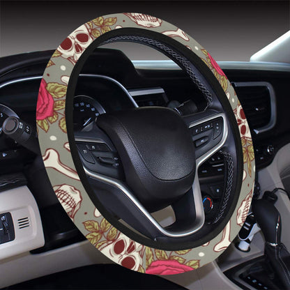Skull Bone Rose Print Design LKS303 Steering Wheel Cover with Elastic Edge