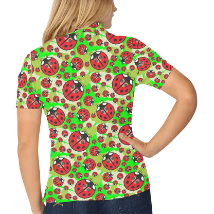 Ladybug with Leaf Print Pattern Women's Polo Shirt