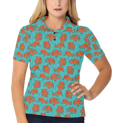 Octopus Cartoon Design Print Themed Women's Polo Shirt