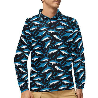 Shark Print Design LKS303 Long Sleeve Polo Shirt For Men's