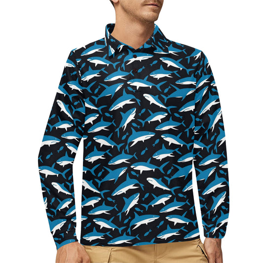 Shark Print Design LKS303 Long Sleeve Polo Shirt For Men's