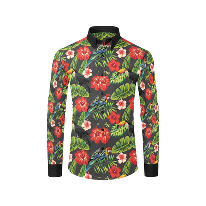 Hibiscus Red With Parrotprint Design LKS303 Men's Long Sleeve Dress Shirt