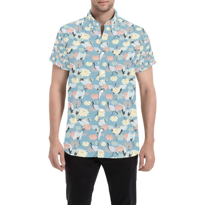Water Lily Print Design LKS304 Men Short Sleeve Button Up Shirt
