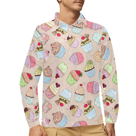 Cupcake Pattern Print Design CP06 Long Sleeve Polo Shirt For Men's