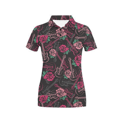 Bass Guitar Pink Rose Pattern Print Design 01 Women's Polo Shirt