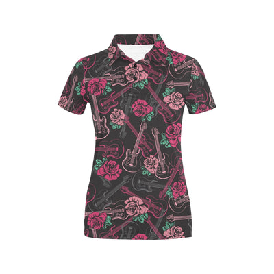 Bass Guitar Pink Rose Pattern Print Design 01 Women's Polo Shirt