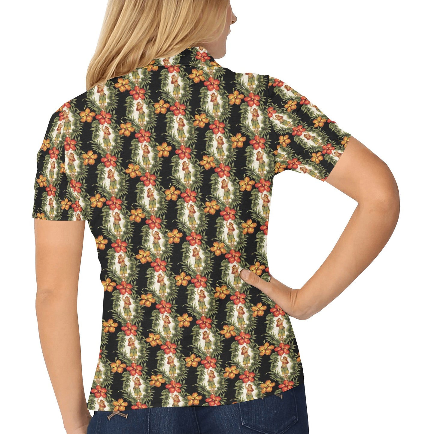 Hawaiian Flower Hula Hibiscus Print Women's Polo Shirt