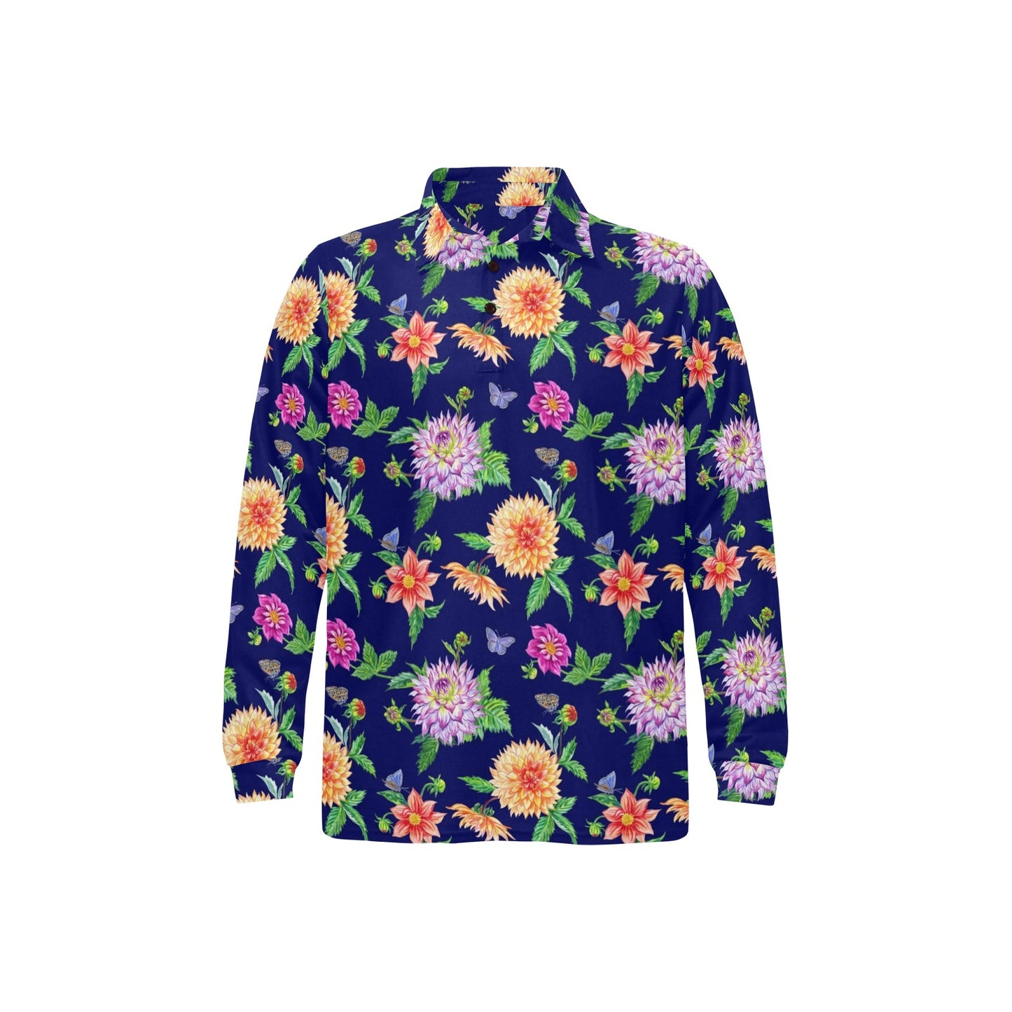 Dahlia Pattern Print Design DH010 Long Sleeve Polo Shirt For Men's