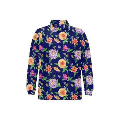 Dahlia Pattern Print Design DH010 Long Sleeve Polo Shirt For Men's