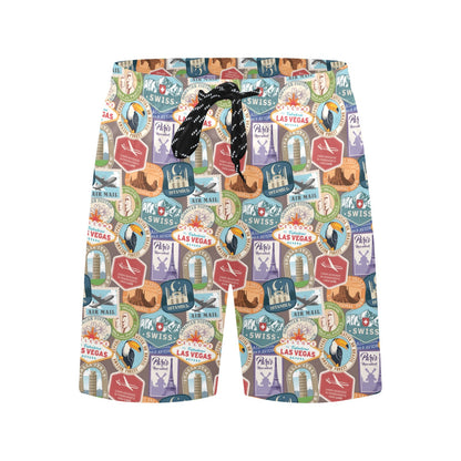 Travel Stamp Print Design LKS301 Men's Swim Trunks Beach Shorts