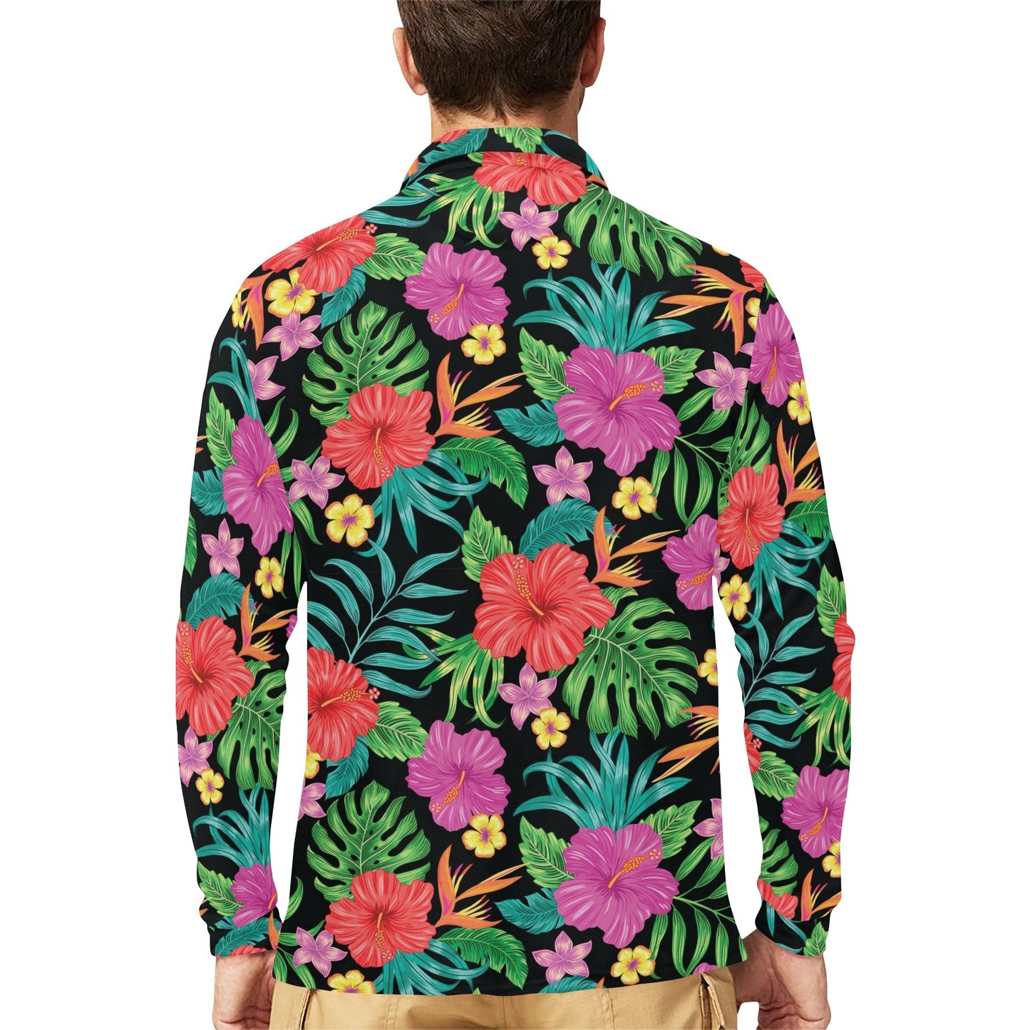 Hibiscus Red Hawaiian Flower Long Sleeve Polo Shirt For Men's