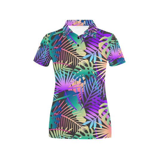 Neon Flower Tropical Palm Leaves Women's Polo Shirt