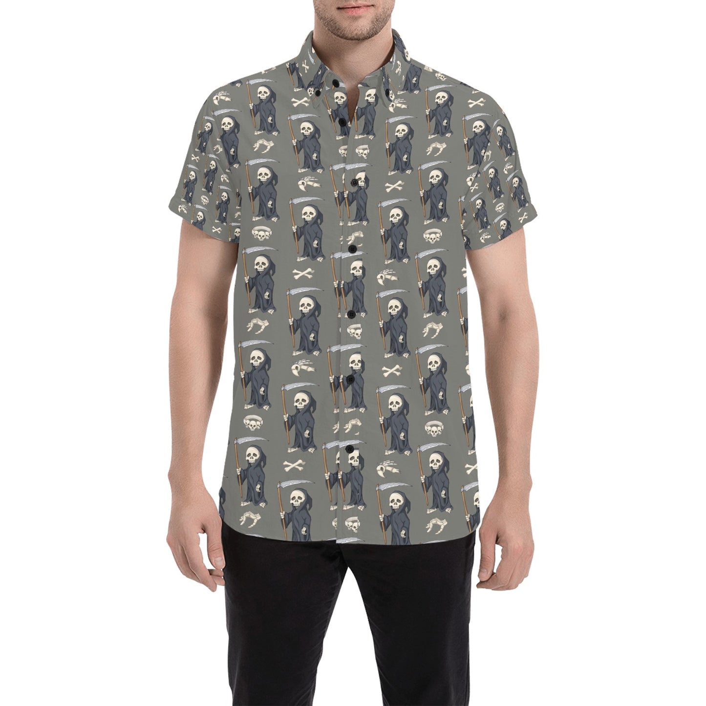 Skeleton Print Design LKS308 Men Short Sleeve Button Up Shirt