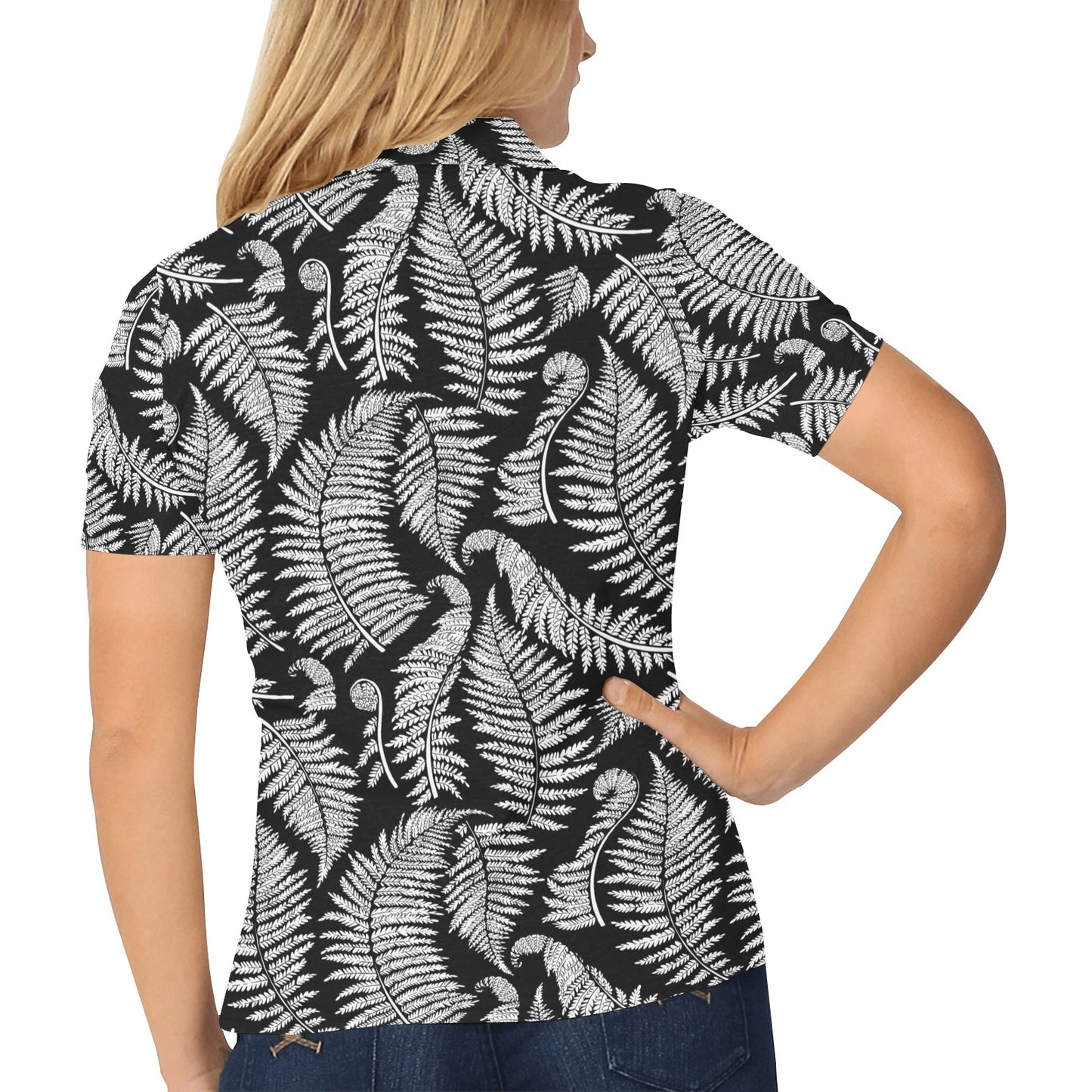 Fern Leave Black White Print Pattern Women's Polo Shirt