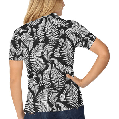 Fern Leave Black White Print Pattern Women's Polo Shirt