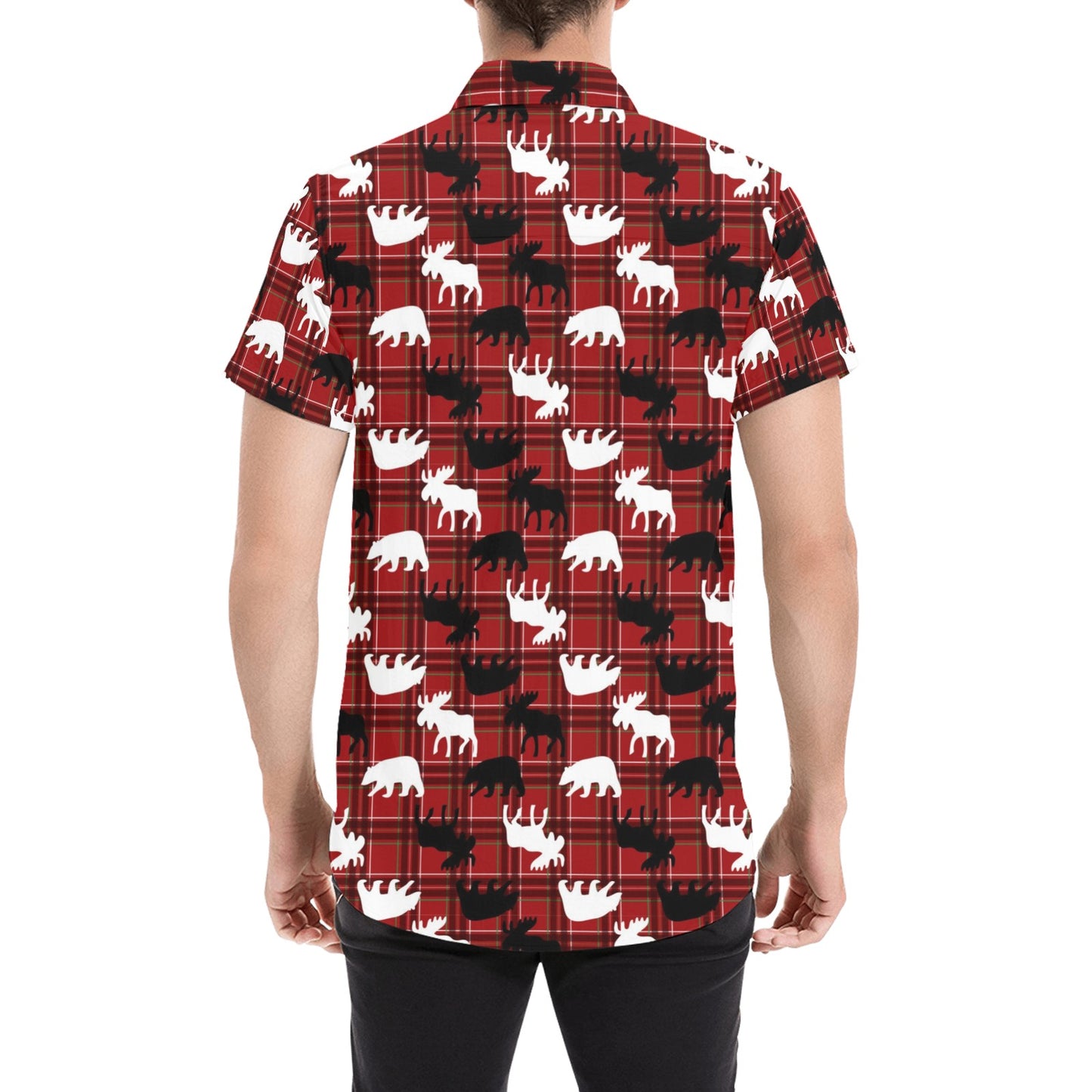 Moose Print Design LKS401 Men Short Sleeve Button Up Shirt