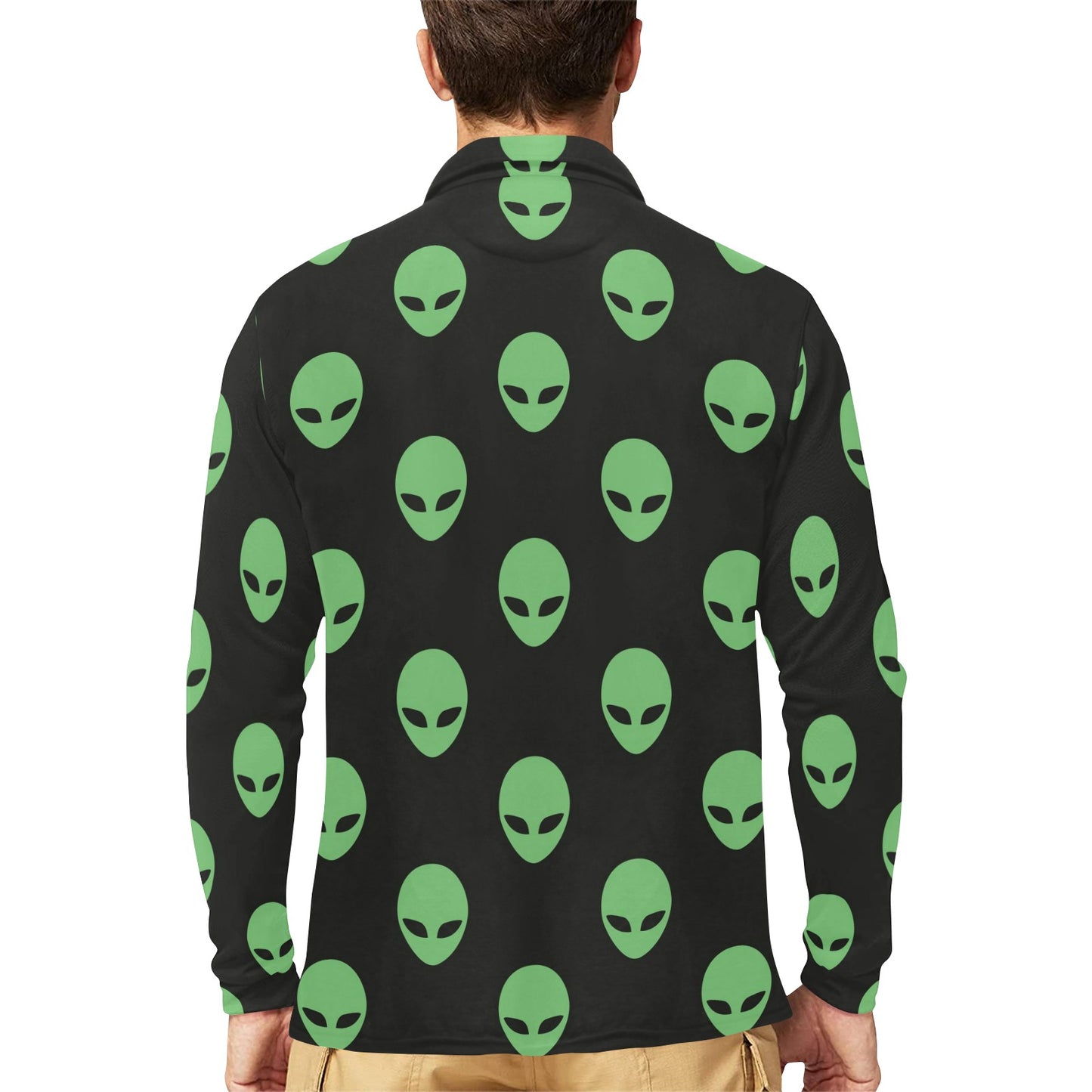 Alien Green Neon Pattern Print Design 01 Long Sleeve Polo Shirt For Men's