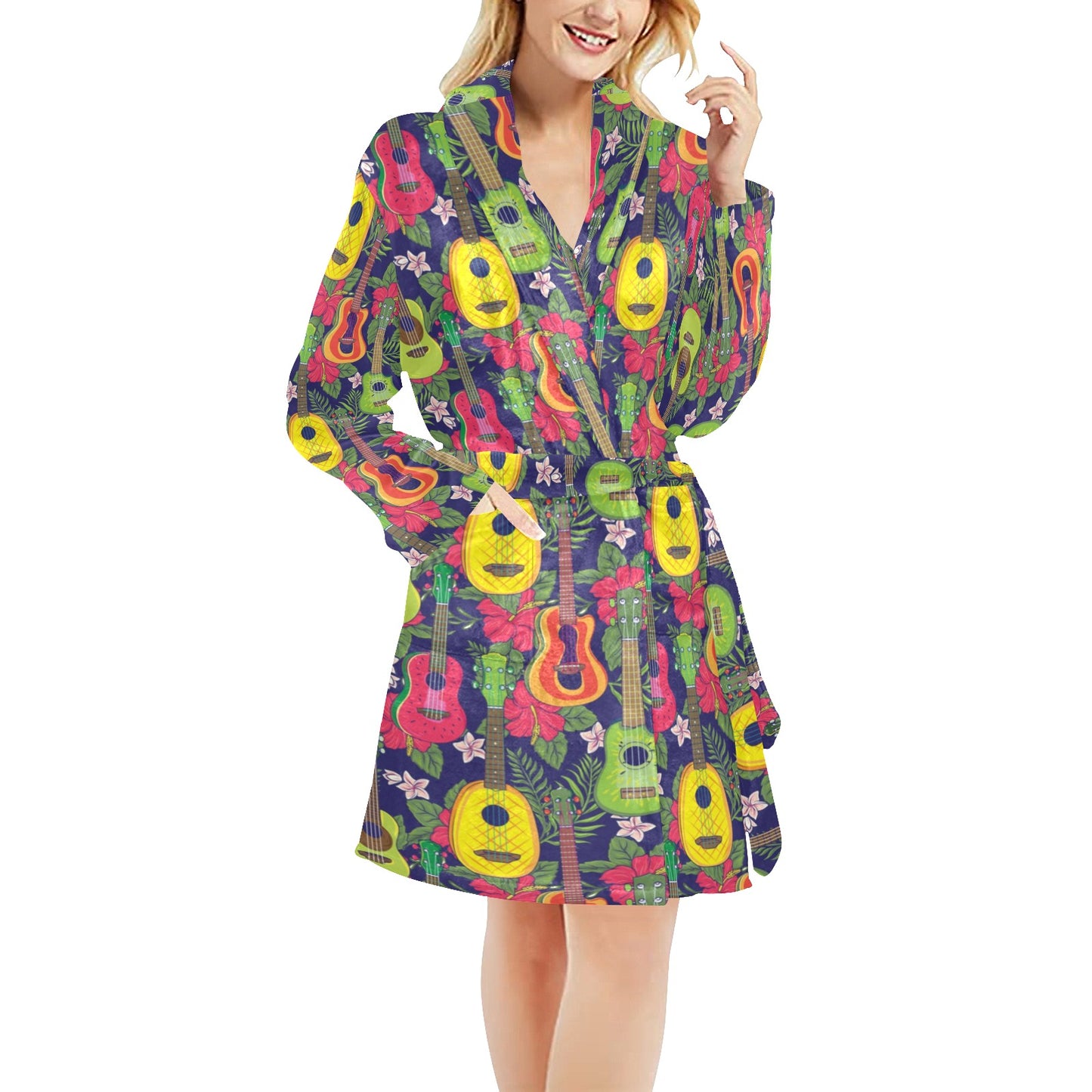 Ukulele Tropical Pattern Print Design 03 Women's Fleece Robe