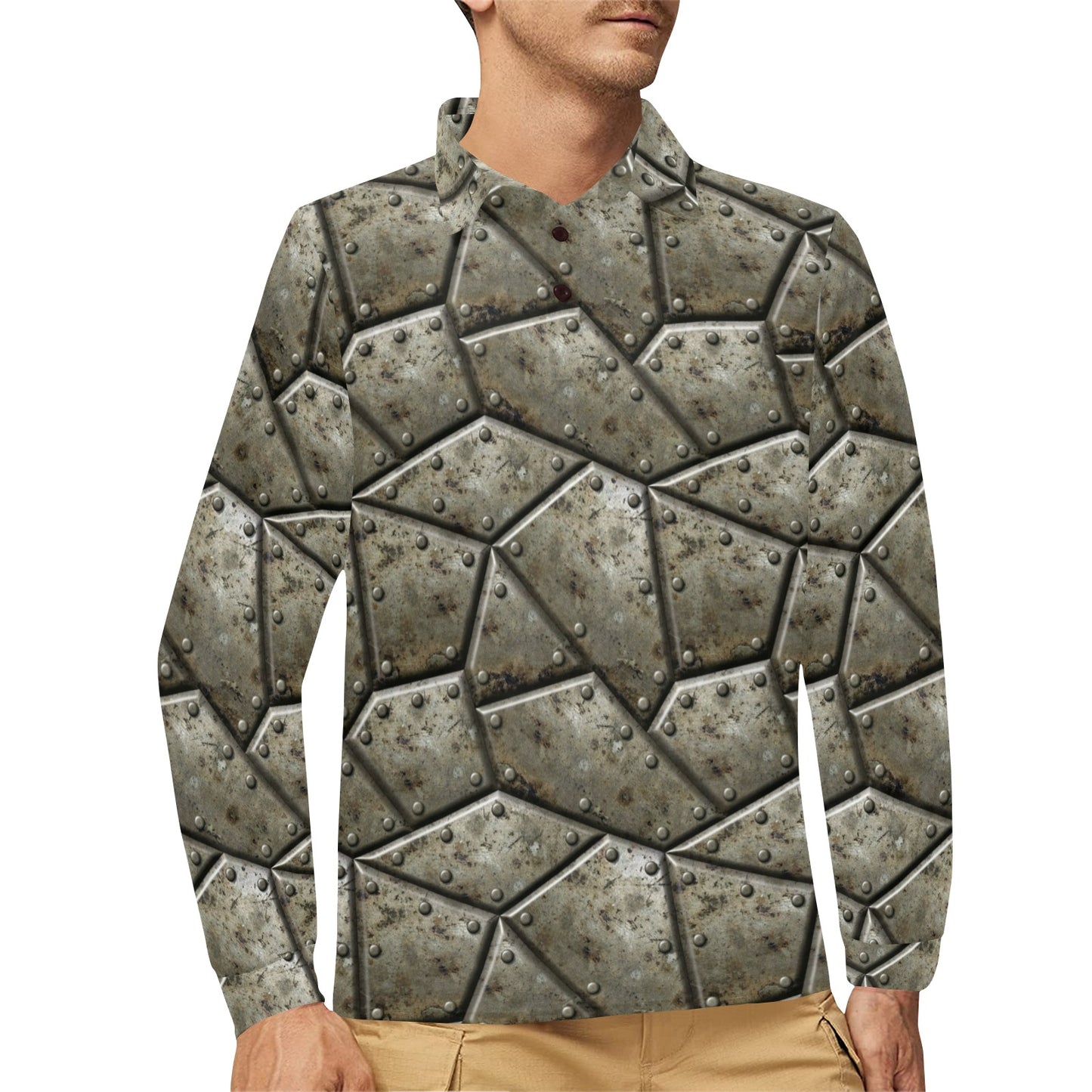 Armor Pattern Print Design 01 Long Sleeve Polo Shirt For Men's