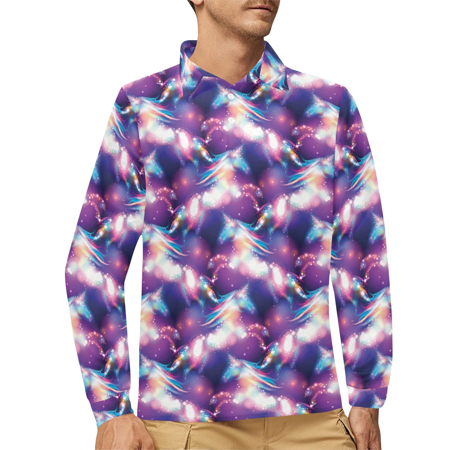 Unicorn Dream Long Sleeve Polo Shirt For Men's