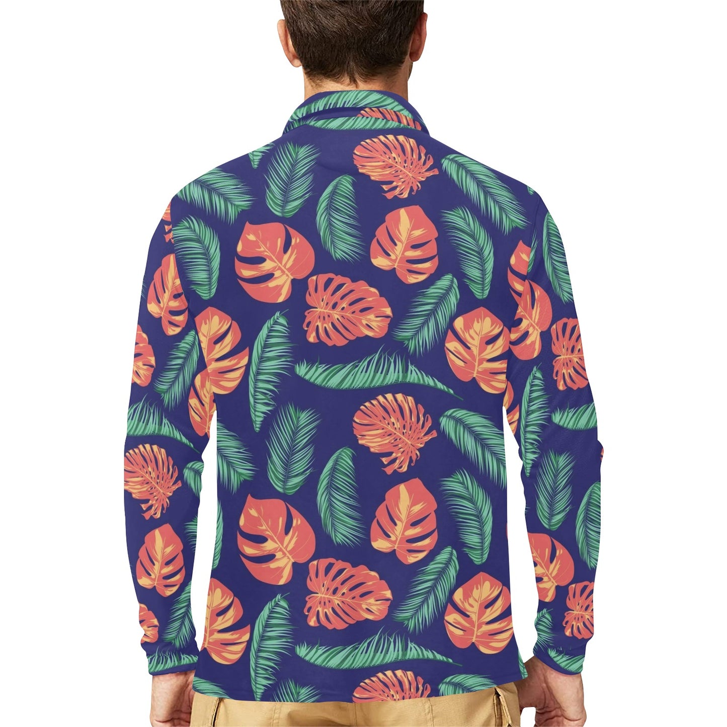 Palm Leaves Pattern Print Design PL011 Long Sleeve Polo Shirt For Men's