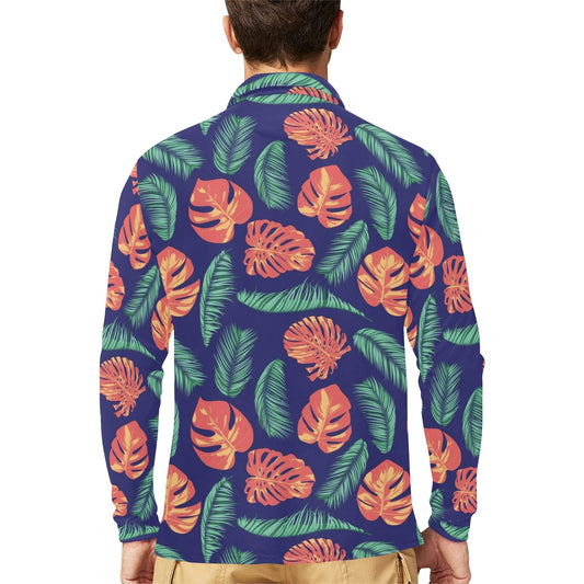 Palm Leaves Pattern Print Design PL011 Long Sleeve Polo Shirt For Men's