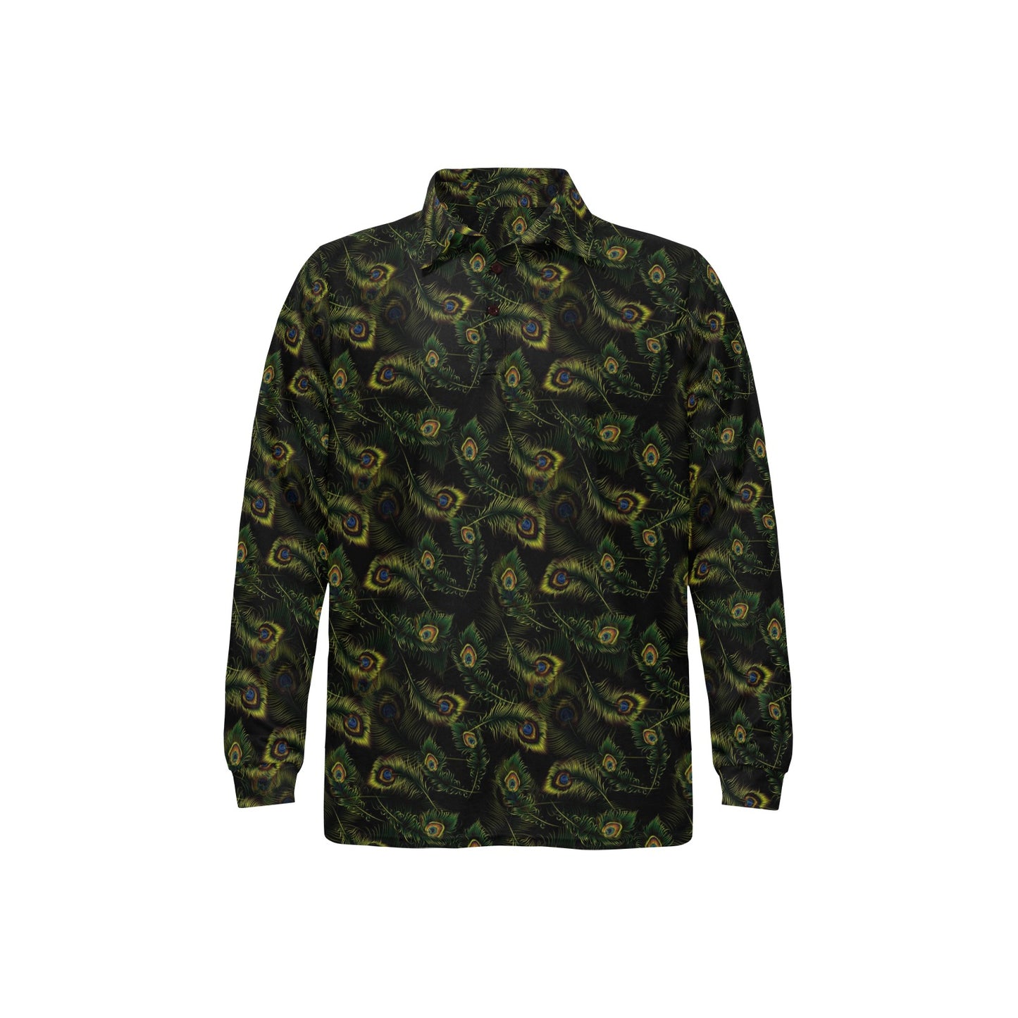 Peacock Feather Pattern Design Print Long Sleeve Polo Shirt For Men's