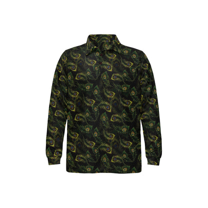 Peacock Feather Pattern Design Print Long Sleeve Polo Shirt For Men's