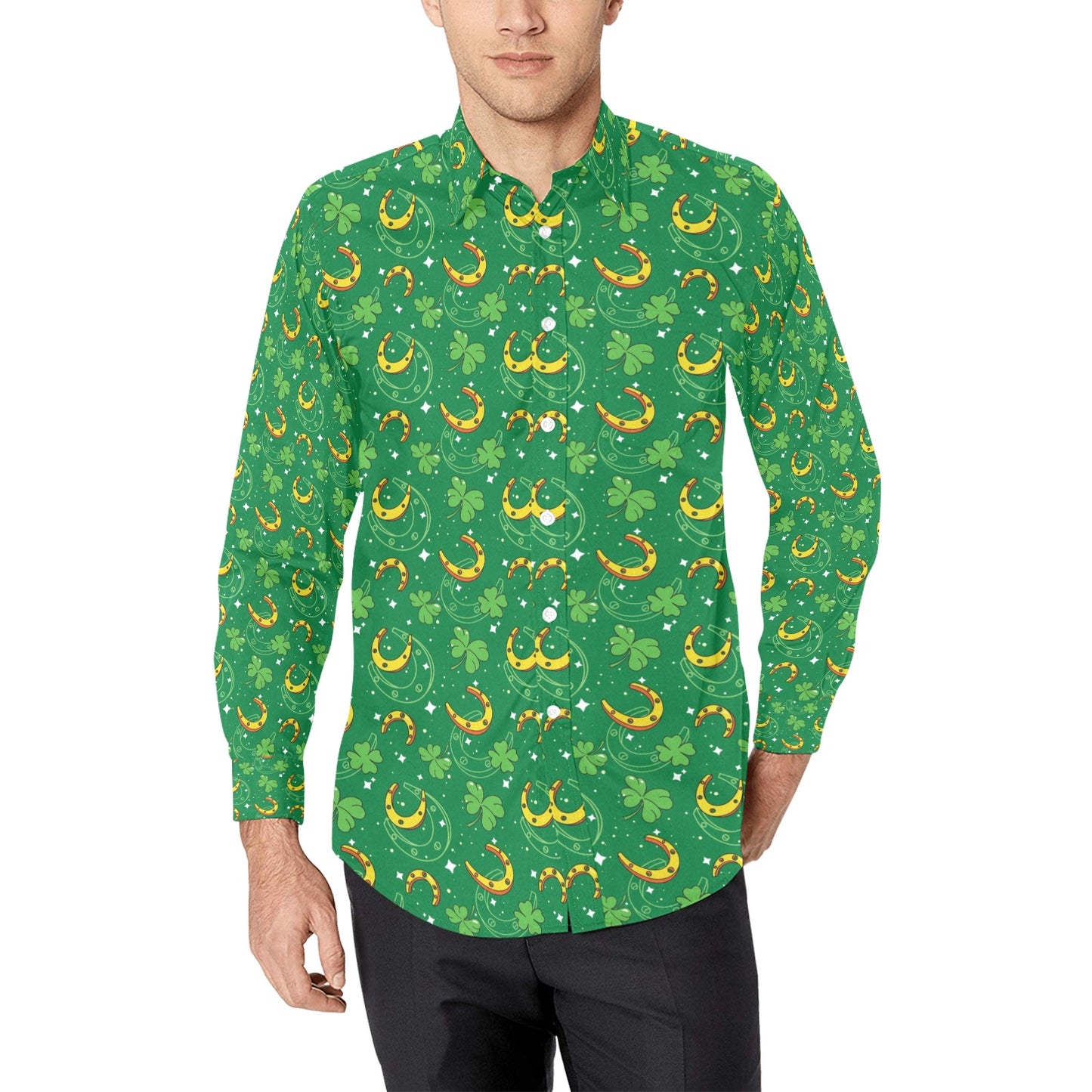 Shamrock With Horse Shoes Print Design LKS305 Men's Long Sleeve Dress Shirt