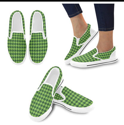 St Patricks Day Houndstooth Pattern Print LKS301 White Slip Ons Canvas Women's Shoes