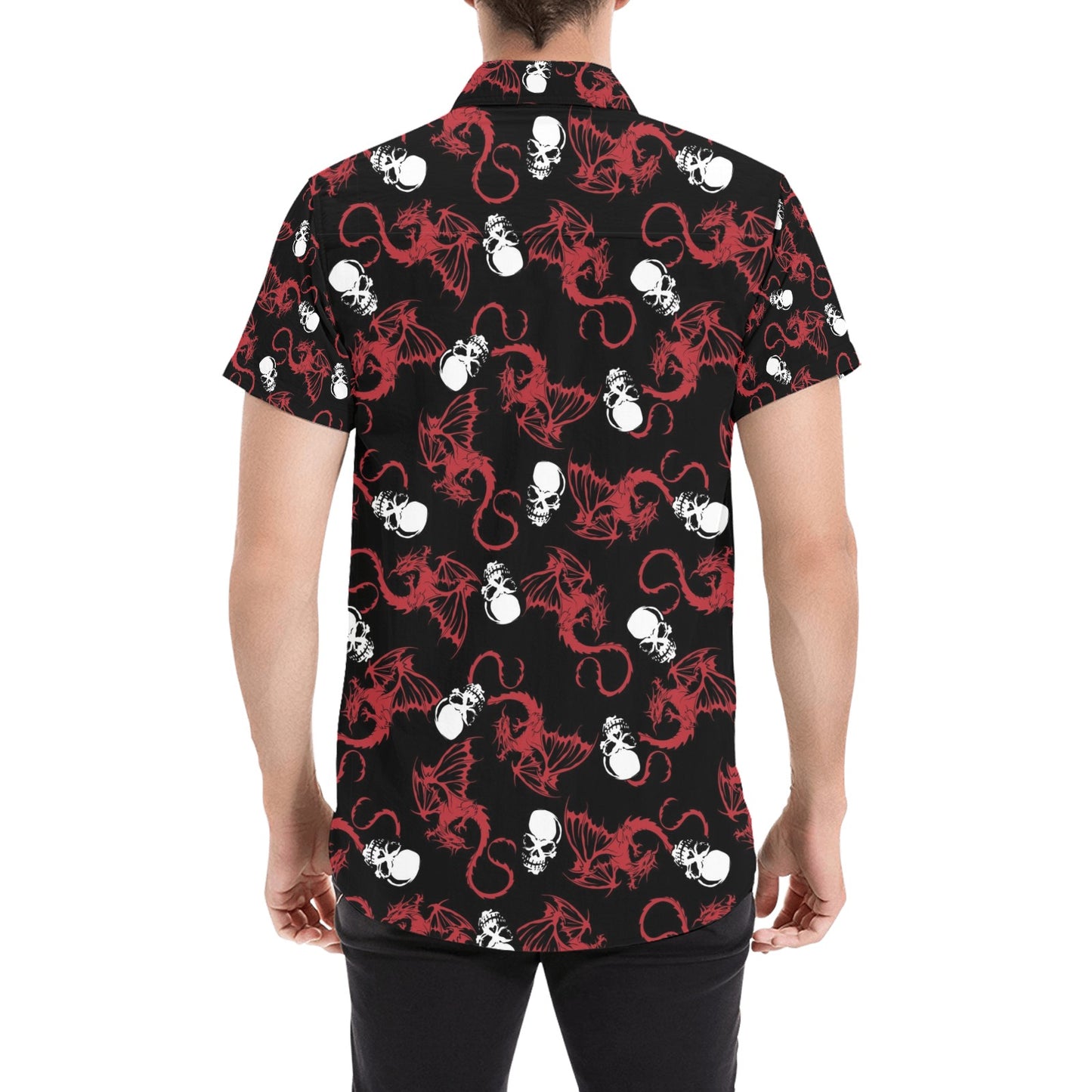 Skull With Red Dragon Print Design LKS304 Men Short Sleeve Button Up Shirt