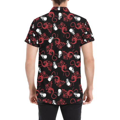 Skull With Red Dragon Print Design LKS304 Men Short Sleeve Button Up Shirt