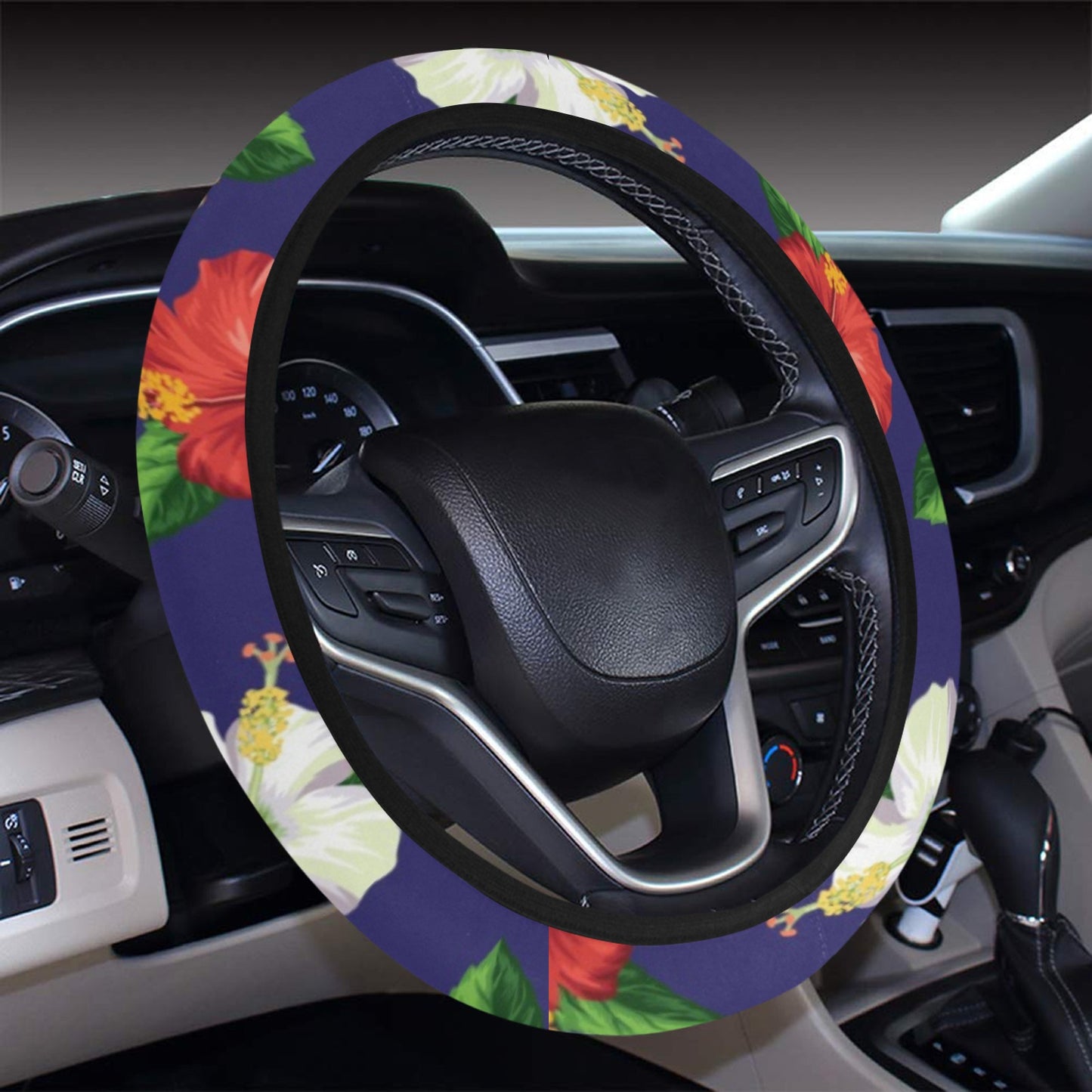 Hibiscus Colorful Print Design LKS301 Steering Wheel Cover with Elastic Edge