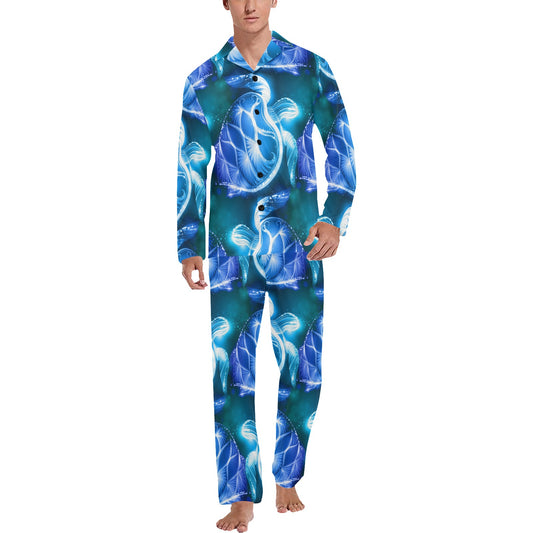 Blue Neon Sea Turtle Print Men's Long Pajama Set