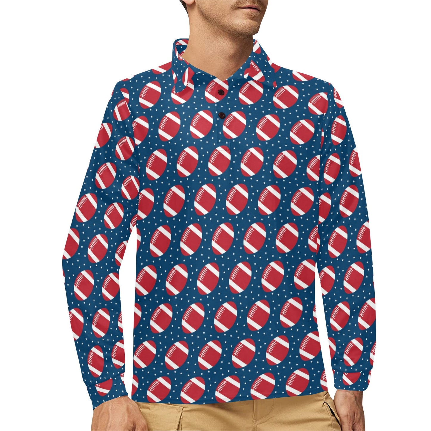 American Football Star Design Pattern Long Sleeve Polo Shirt For Men's