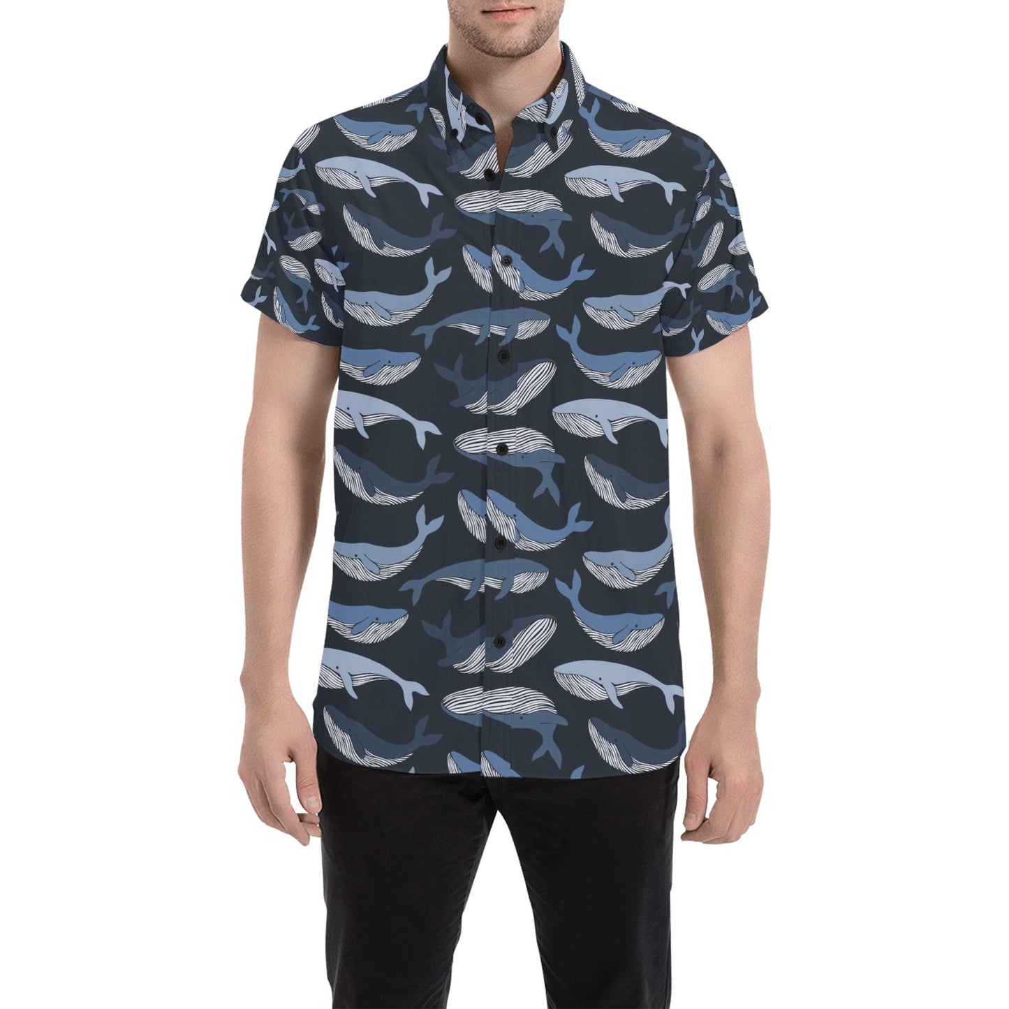 Whale Print Design LKS301 Men Short Sleeve Button Up Shirt