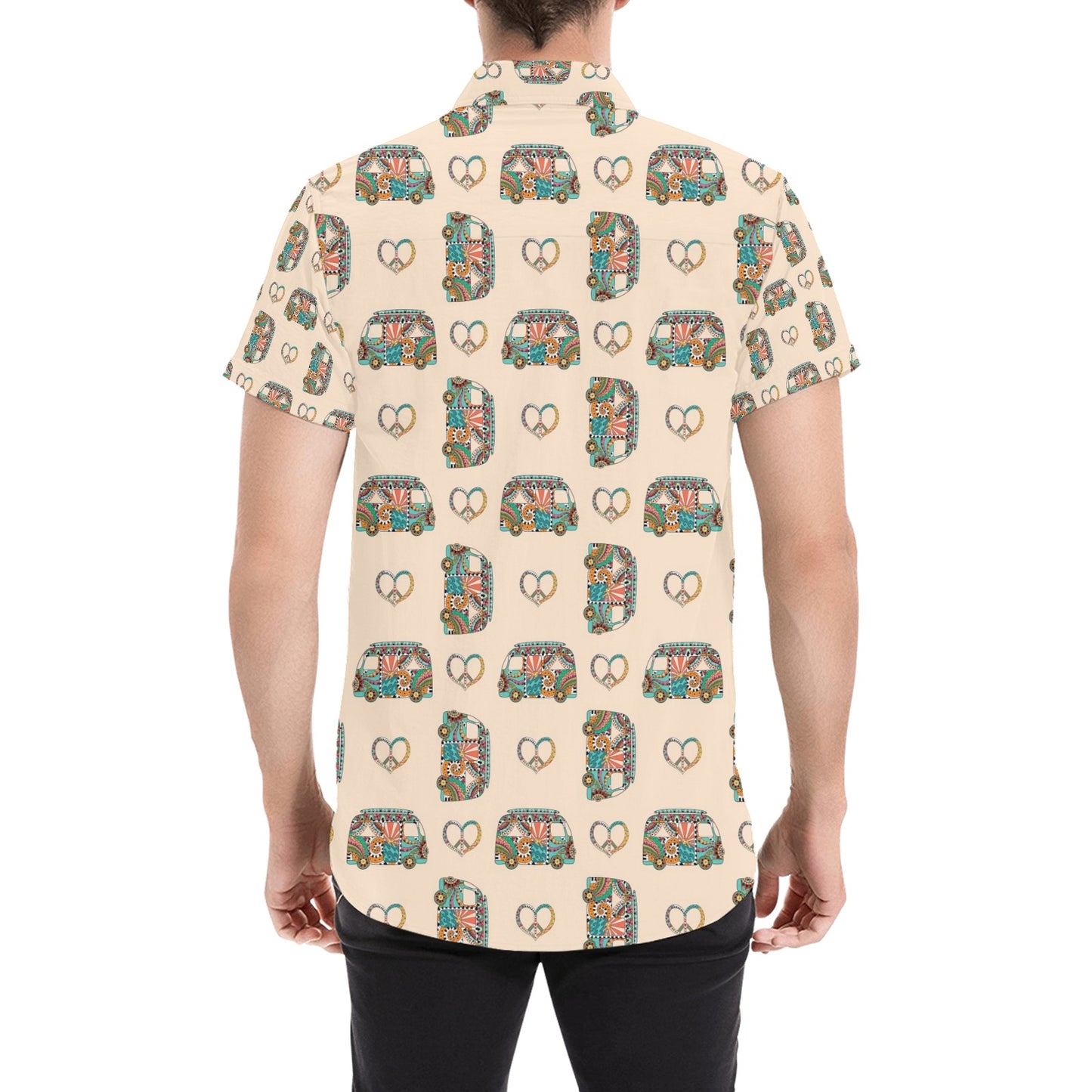 Hippie Van Peace Print Design LKS303 Men Short Sleeve Button Up Shirt