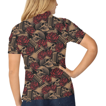 Microphone Skull Rose Pattern Print Design 02 Women's Polo Shirt