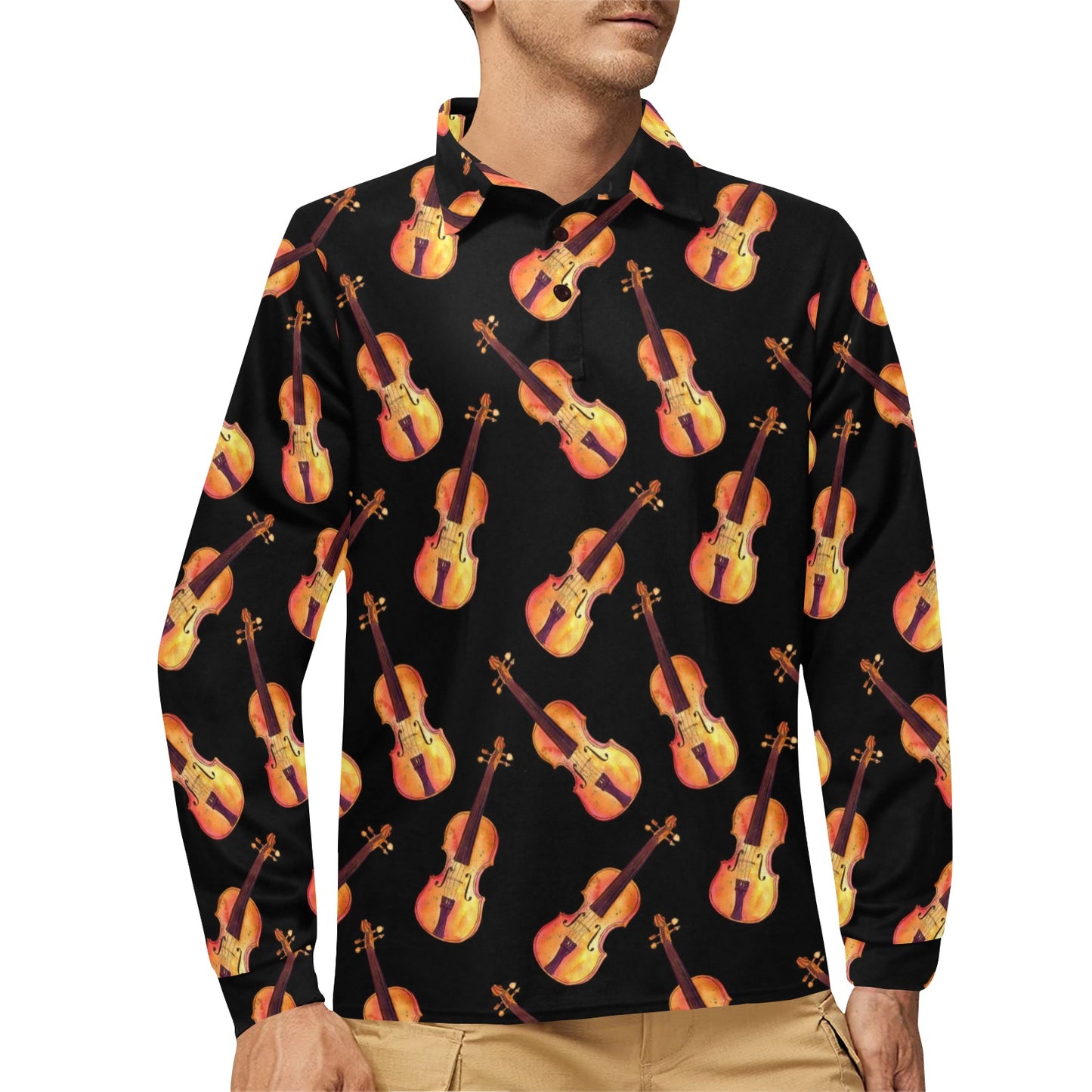 Violin Pattern Print Design 04 Long Sleeve Polo Shirt For Men's