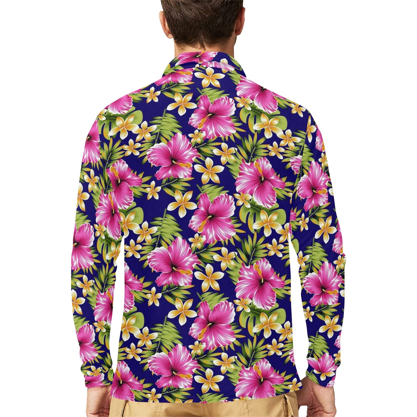 Pink Hibiscus Pattern Print Design HB027 Long Sleeve Polo Shirt For Men's