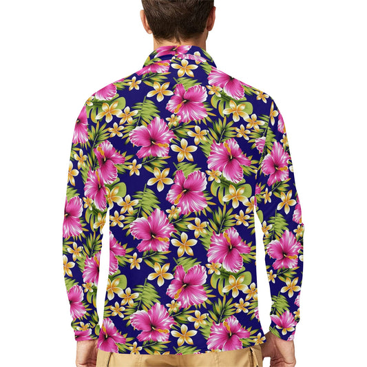 Pink Hibiscus Pattern Print Design HB027 Long Sleeve Polo Shirt For Men's