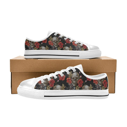 Spider Web Skull Rose Print Design LKS305 Women's White Low Top Shoes