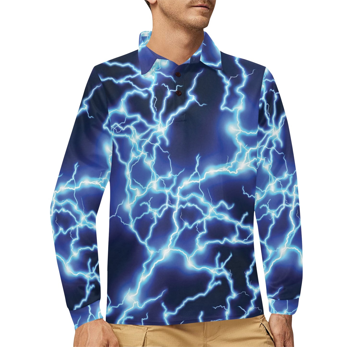 Lightning Thunder Pattern Print Design 04 Long Sleeve Polo Shirt For Men's
